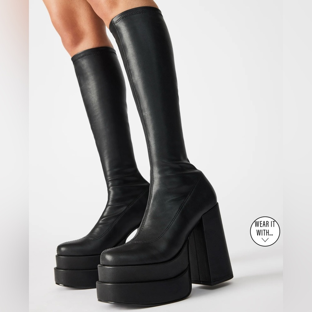 Steve Madden Cypress Black Vegan Leather High Heel Boots size 7.5
